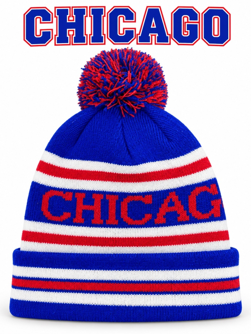 Chicago Knit Pom-Pom Beanie Red White & Blue Winter Hat